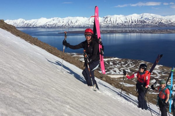 Iceland Backcountry Ski Womens Trip_ bootpacking up the couloir iceland backcountry ski trip for women